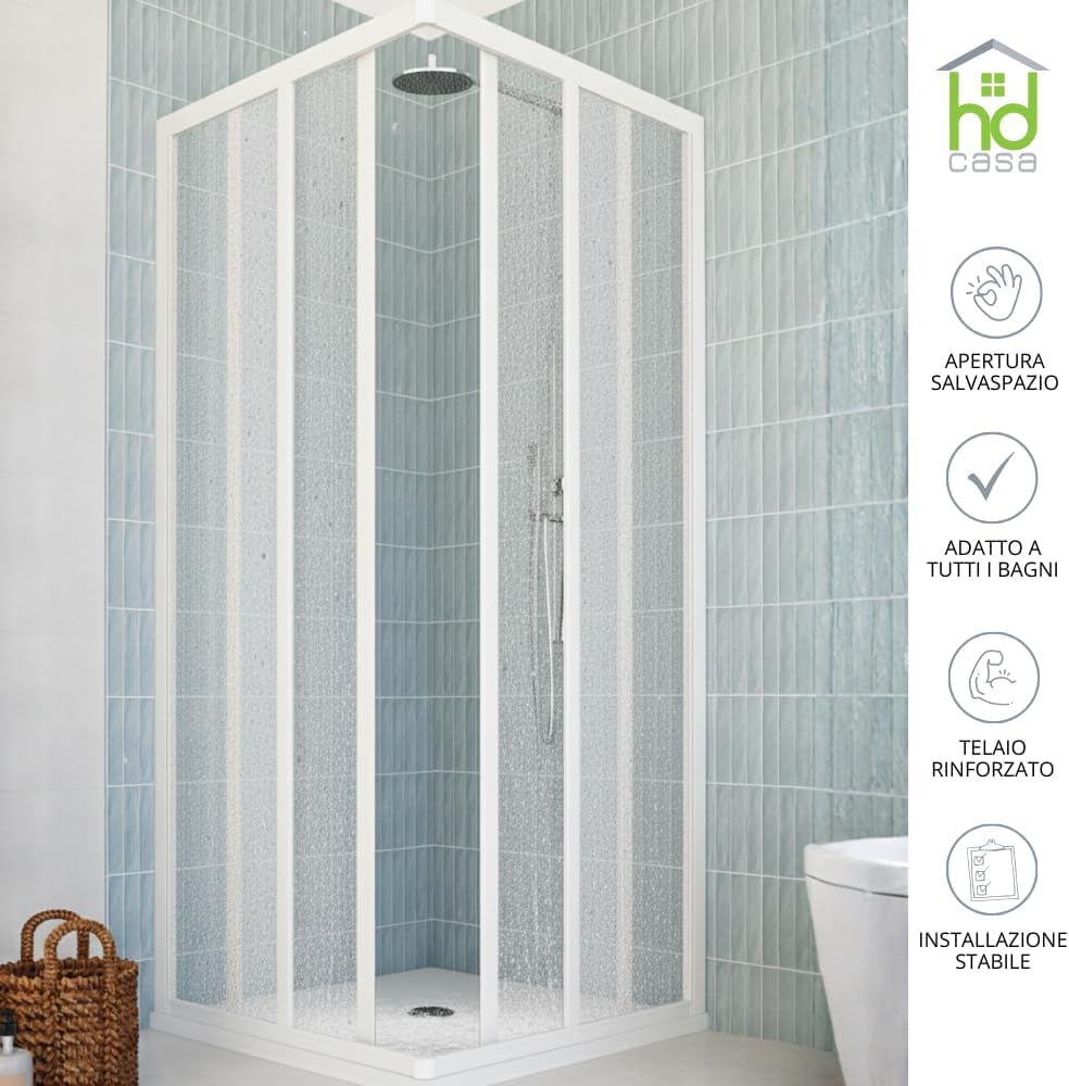 Box Doccia Camelia PVC Bianco Pannelli Acrilico Semitrasparente Effetto Goccia, Ante Scorrevoli Angolari Chiusura Magnetica Reversibili Regolabile Senza Piombo 80x80x185cm Installazione Facile