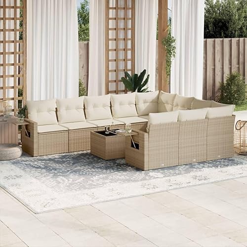 Large Modular Garden Sofa Set with 10-Person Seating Capacity, Beige PE Rattan Outdoor Furniture, UV-Resistant Weatherproof Cushions for Patio and