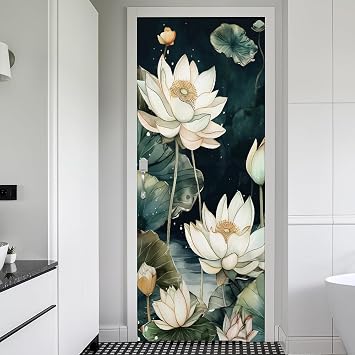 REDAMANCY 30.7"x79" Vintage White Lotus Floral Peel and Stick Door Stickers Vinyl 3D Door Mural Decals Modern Door Wallpaper Self-Adhesive, Waterproof, Removable Decor for Kitchen Living Room Bedroom