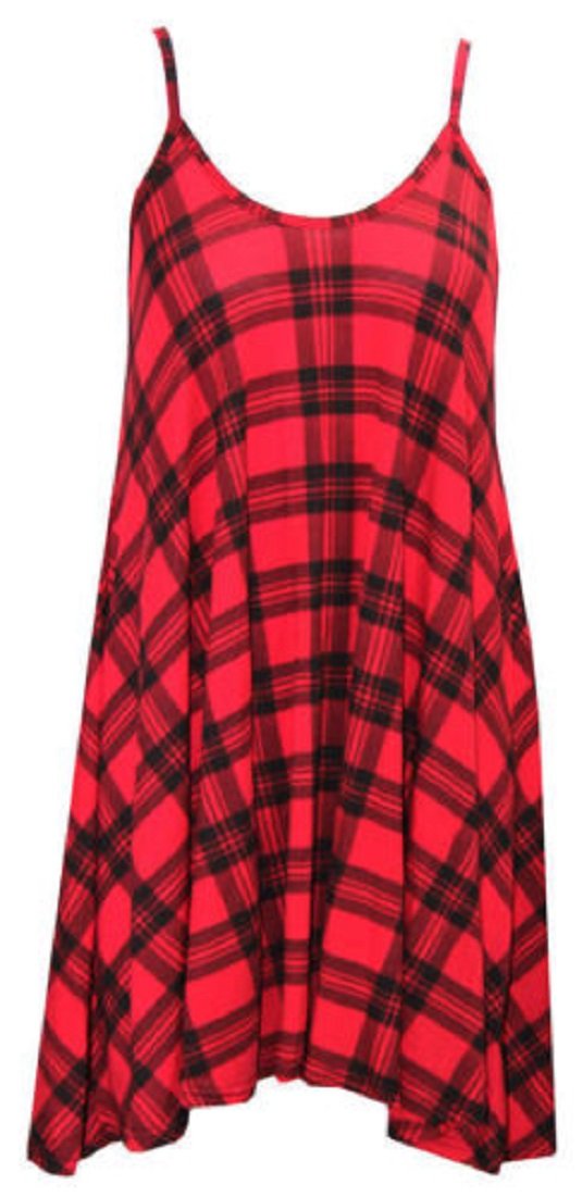 Gostyles Women's Red Tartan Gostyles® Printed Sleeveless Cami Swing Dress, Summer Stretchy Scoop Neck Strappy Flared Tunic Top (, Xl)