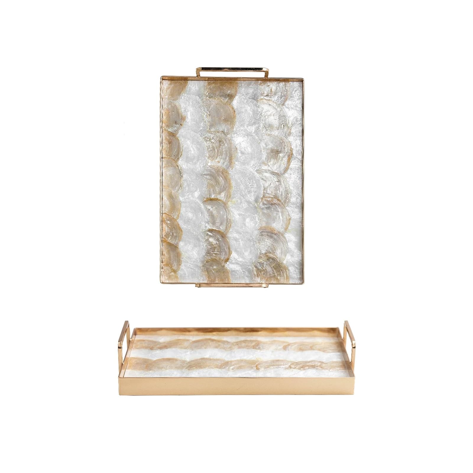 Serving Tray with Handles, Natural Shells Rectangular Serving Platter for Coffee Table, Decorative Storage Tray(C)