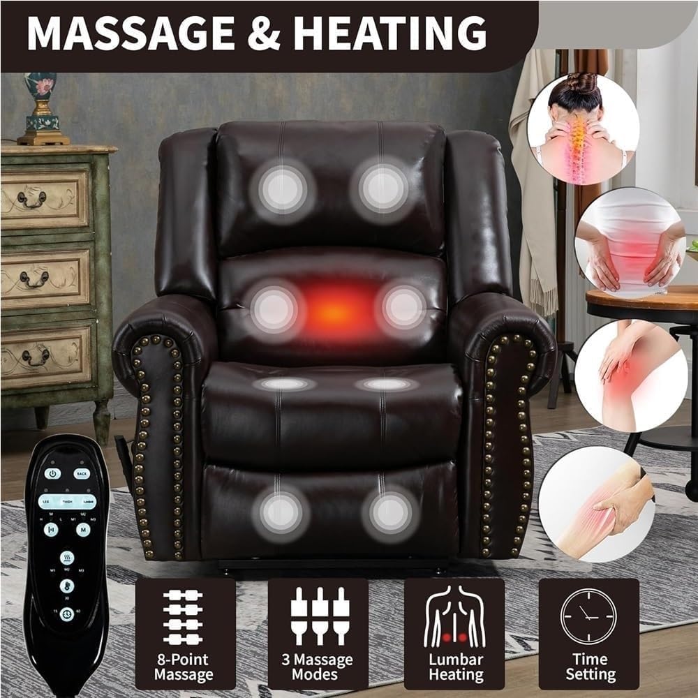 Power Lift Recliner with Massage and Heat, Oversized Leather Electric Sofa with Cup Holders and USB Ports, Heavy Duty Recliner for Elderly Seniors Living Room