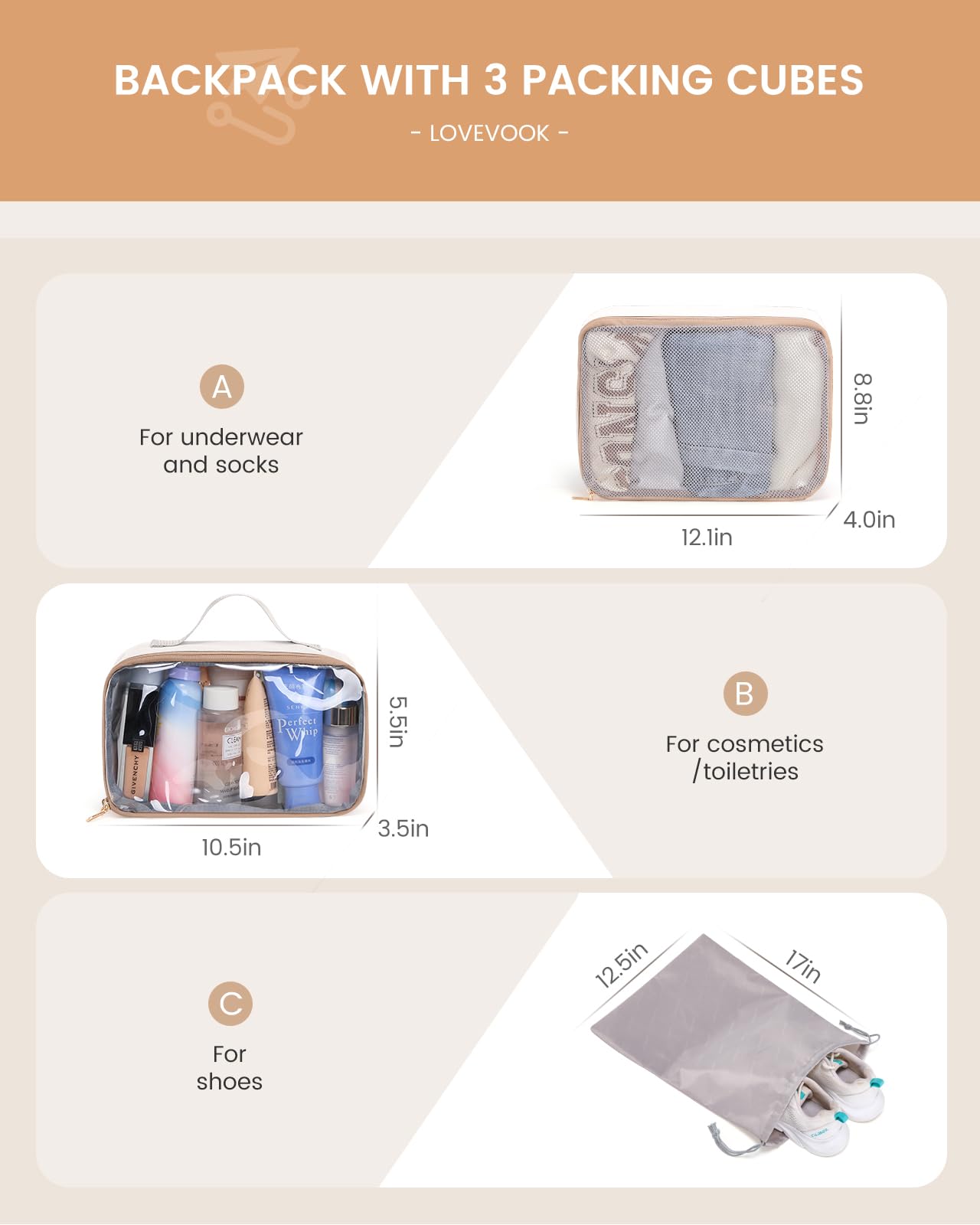 LOVEVOOK Handgepäck Reiserucksack 4 Stück, 40L Rucksack Damen Groß Flugzeug mit Nass- und Trockenfach 45x36x20, 17.3 Zoll Laptop Travel Backpack Kofferrucksack Carry On Luggage für Trip Reise