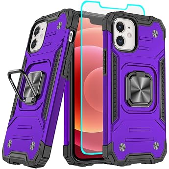 iPhone 12 Case Mobile Phone Case iPhone 12 with HD Screen Protector 360  Rotating Stand Bumper [Shockproof] Protective Case for iPhone 12 Purple