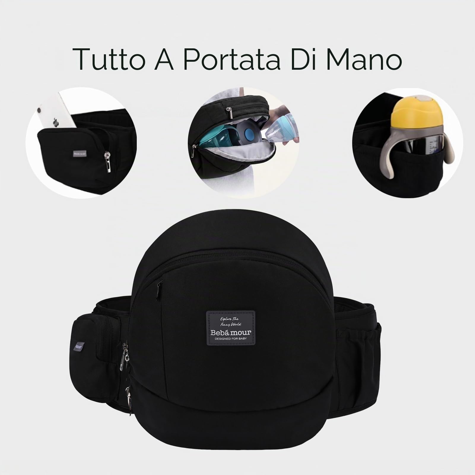 Bebamour Marsupio per neonato Hip Seat 0-36 mesi, leggero, 3 in 1, da neonato a bambino, HipSeat (nero)