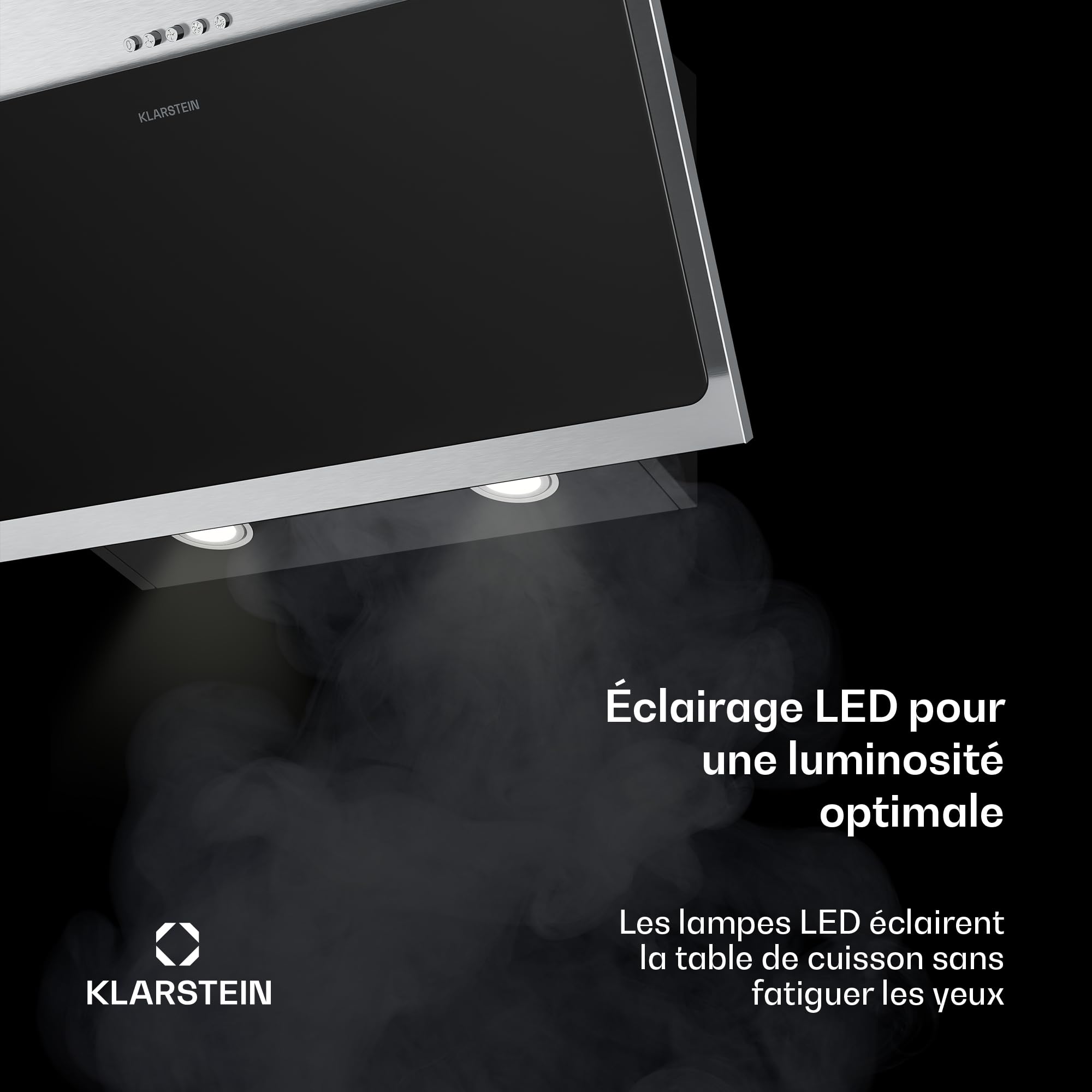 Klarstein Alessia Hotte Aspirante 60 cm - Hotte Décorative Inclinée, 404 m³/h, LED, A+++, 3 Vitesses & Boost, Filtre Charbon, Inox & Verre Noir, Recyclage ou Évacuation, Hotte Cuisine