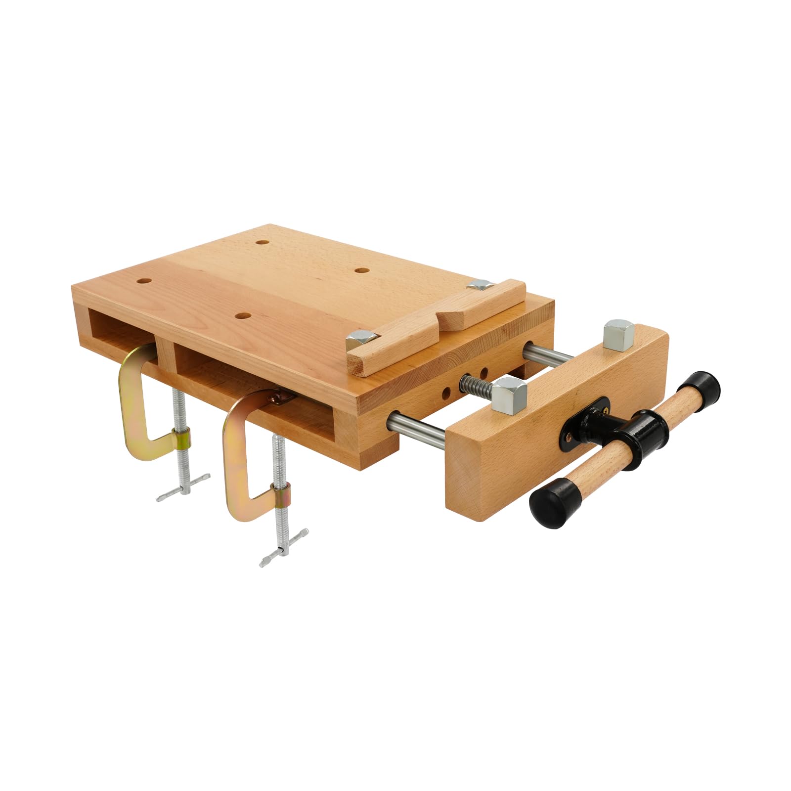 Banco di pialla in legno, 53 x 28 x 7 cm, banco da lavoro con morsa, clip a G regolabili 0-9 cm, apertura 0-14 cm, tavolo da lavoro portatile in legno di faggio per morsetti, pialla