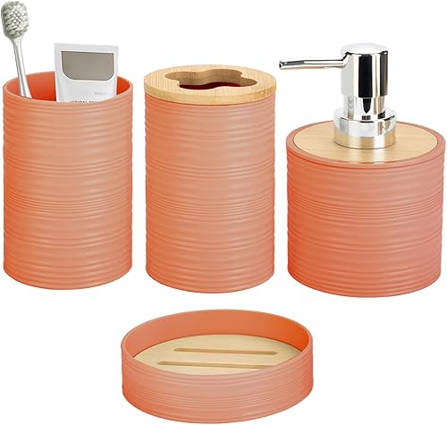 Miniatura 7 de Juego de accesorios de baño de bambú de 4 piezas, juego de accesorios de baño con dispensador de jabón y soporte para cepillos de dientes, jabonera