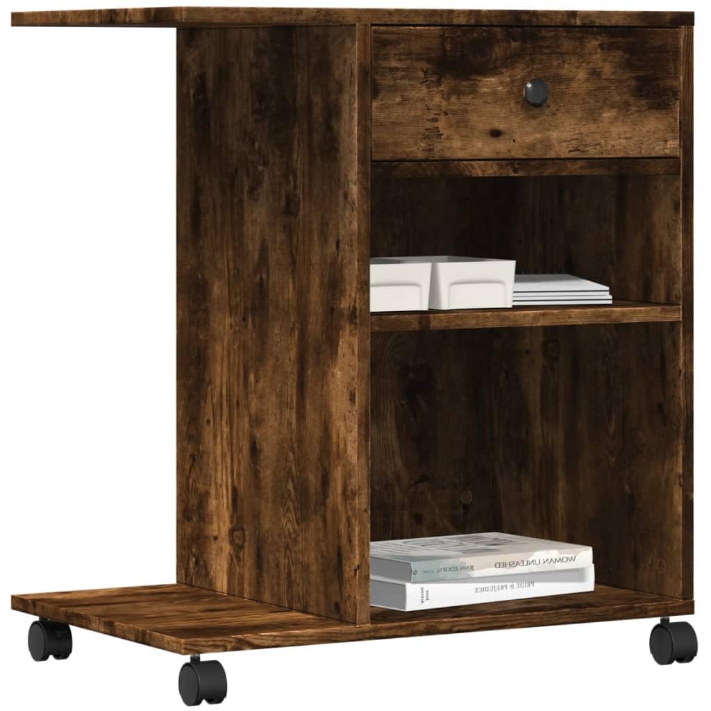 Stojak na drukarkę z rolkami dąb wędzony materiał drewnopochodny 60 x 40 x 68,5 cm z 4 kółkami i hamulcami, wielofunkcyjny stół do drukarki, do biura, biura domowego, przechowywania i