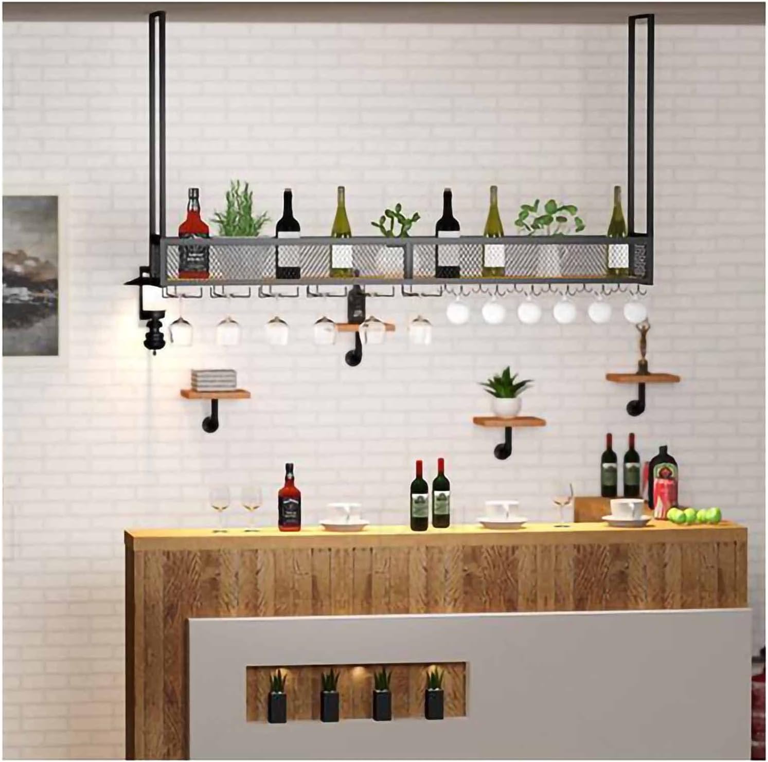 Ceiling Mounted Storage Racks Industrial Hanging Wine Rack with Glass Holder and Shelf, Single Layer Ceiling Wine Glass Rack, Perfect for Bar/Cafe/Kitchen (Black 80 x 30 x 80cm)