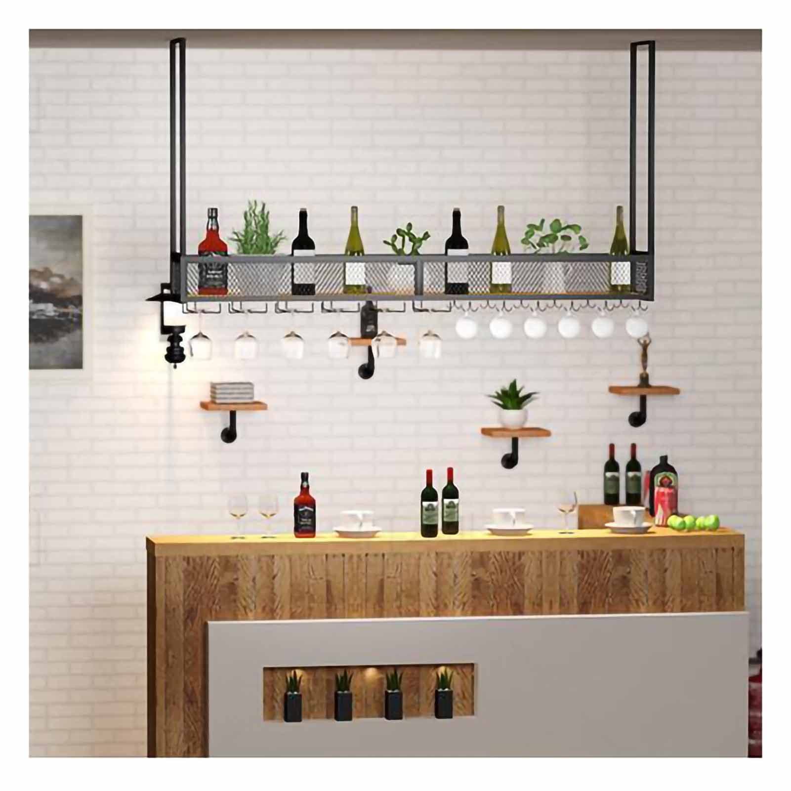 SSRURYWZ Ceiling Mounted Storage Racks Industrial Hanging Wine Rack with Glass Holder and Shelf, Single Layer Ceiling Wine Glass Rack, Perfect for Bar/Cafe/Kitchen