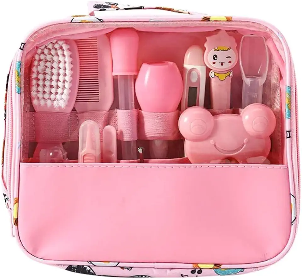 Kit Higiene Bebe - Estojo Cuidado Bebe com 13 em 1 - Bolsa Bebe Organizada e Completa com Tesoura, Pente para Bebe, Termometro, Cortador de Unhas, Lixa de Unhas e outros - Livre de BPA - Linha Premium (Rosa)