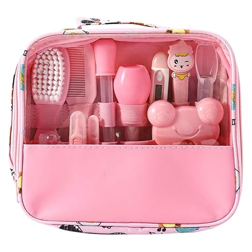 Kit Higiene Bebê 13 em 1, Estojo de Cuidados com Tesoura, Pente, Termômetro e Cortador de Unhas, Cor Rosa, Livre de BPA