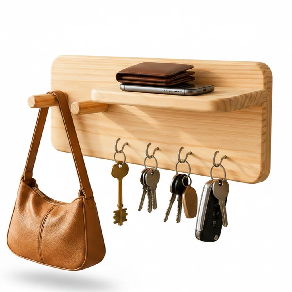 A&A Studio Wooden Wall Mount KeyHolder for Wall Decor with Shelf – Solid Pine Wood Entryway Organizer with 4 Hooks & 2 Wooden Pegs Holder for Home Living Room & Office (Natural Finish)-image-16