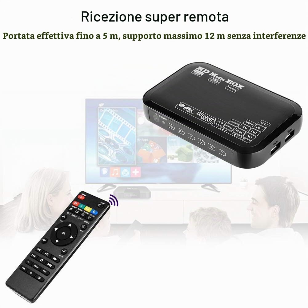 Mini Lettore Multimediale Full HD 1080P Full HD Lettore Multimediale Media Player Digitale Multimediale TV con Telecomando per USB Drive/External Hard Drive 2.5TB / Scheda SD(Black)
