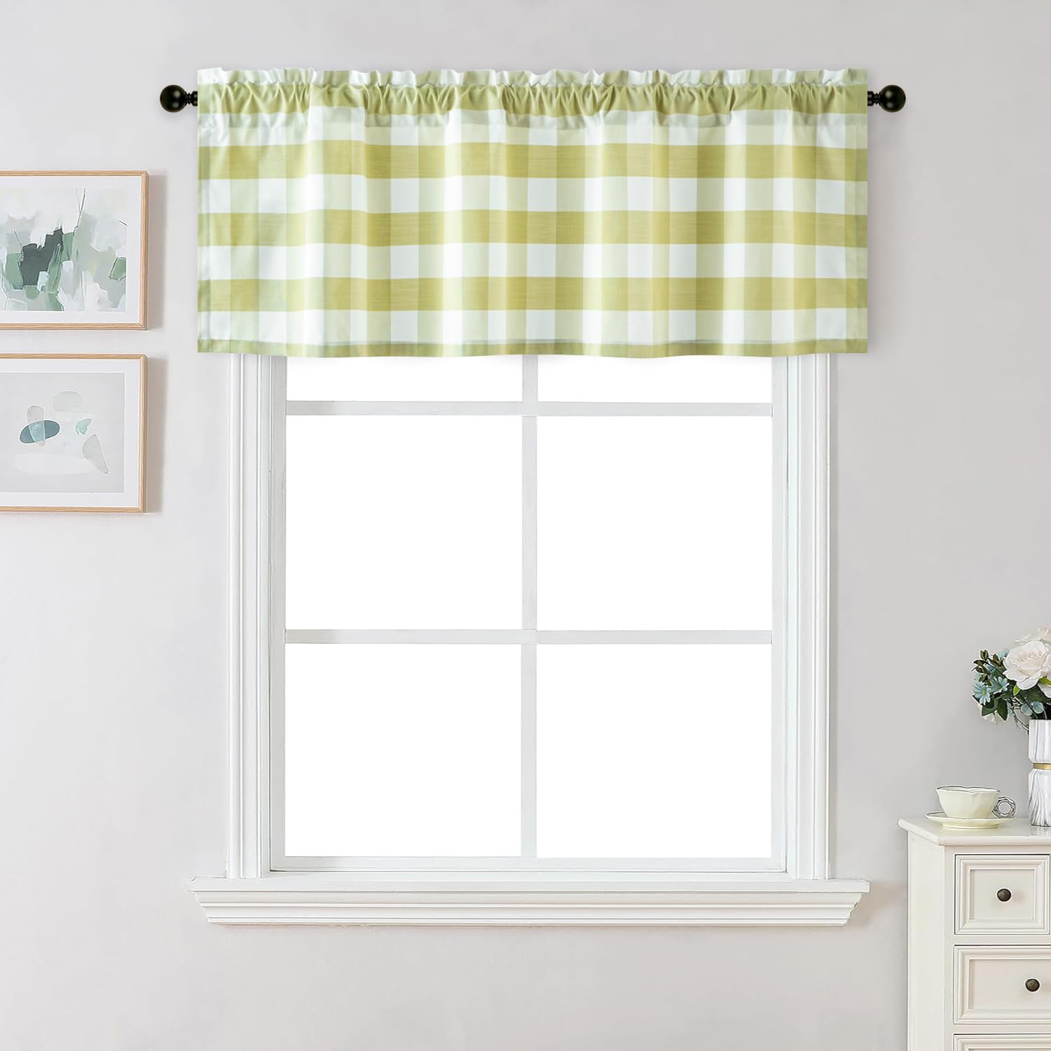 VOGOL Faux Linen Jacquard Kitchen Valance, Retro Buffalo Check Valances Plaid Window Treatment for Bedroom, Green Classical Rod Pocket Curtains for Farmhouse, 60Wx18L, 1 Panel
