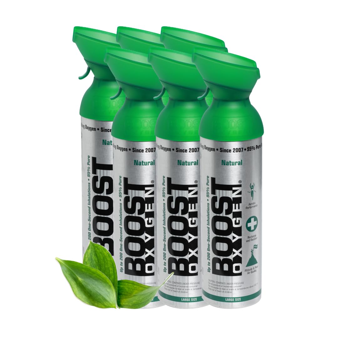 Boost OxygenPortable Oxygen Cylinder with 95% Oxygen - 54L, 6x9L Oxygen Canister with Oxygen Mask for More Than 900 Inhalations - Portable Oxygen Can, Oxygen for Home use (Natural Flavour)