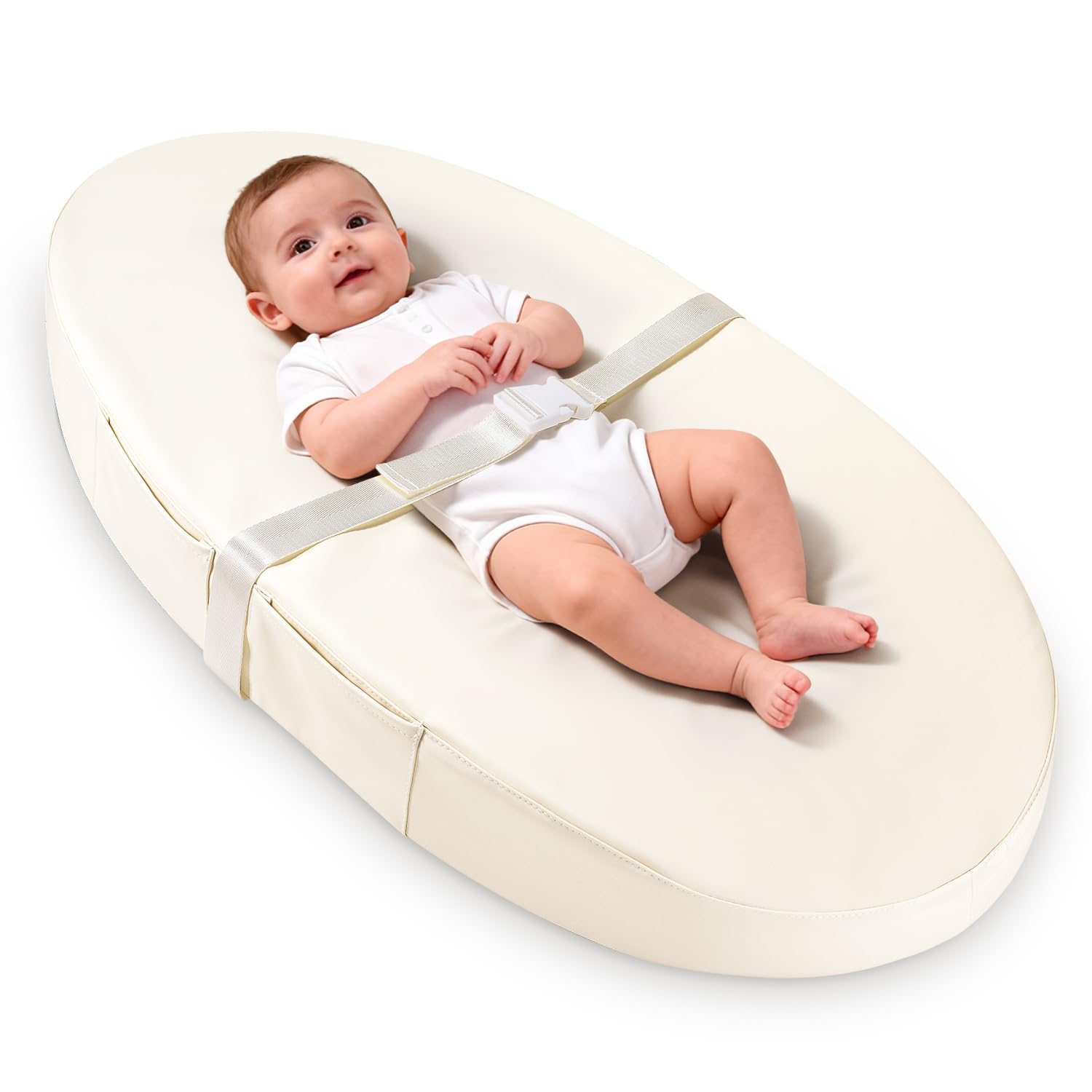 Vegan Leather Baby Changing Mat with Wipeable & Waterproof PU Cover (80 x 40 x 10cm) Baby Nappy Changing Mat for Dresser with Anti-Roll & Non-Slip Safety Belt & Storage
