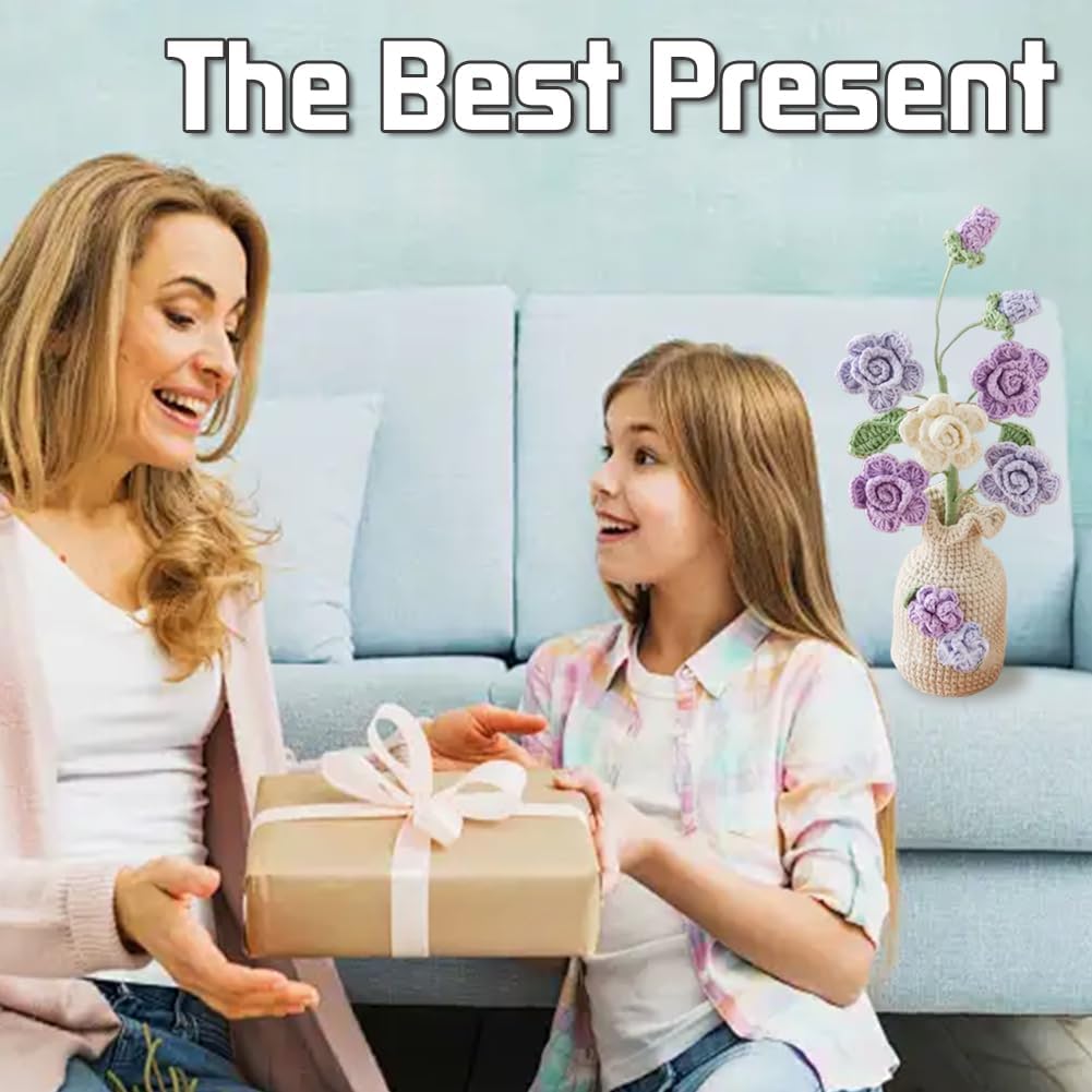 Crocheted Rose Flowers Potted Plants Artificial Gradient Color 5 Heads Rose with Exquisite Vase Handmade Knitted Flowers Presents for Women, Lover, Wedding and Home Decor, Gradient Purple - Image 4