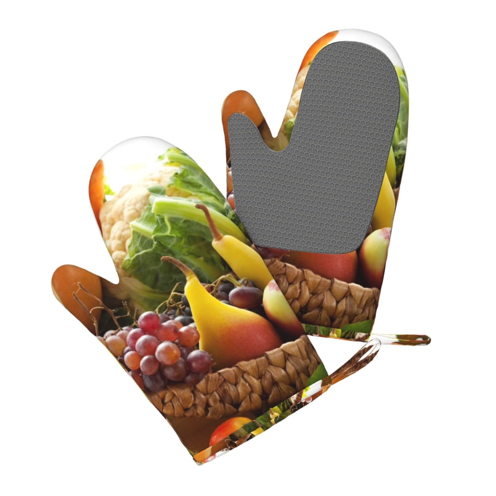 Silicone Oven Mitts Set 2PCS, Various Vegetables and Fruit Printed Heat Resistant Non-Slip Silicone Oven Gloves for Kitchen Cooking Baking Microwave
