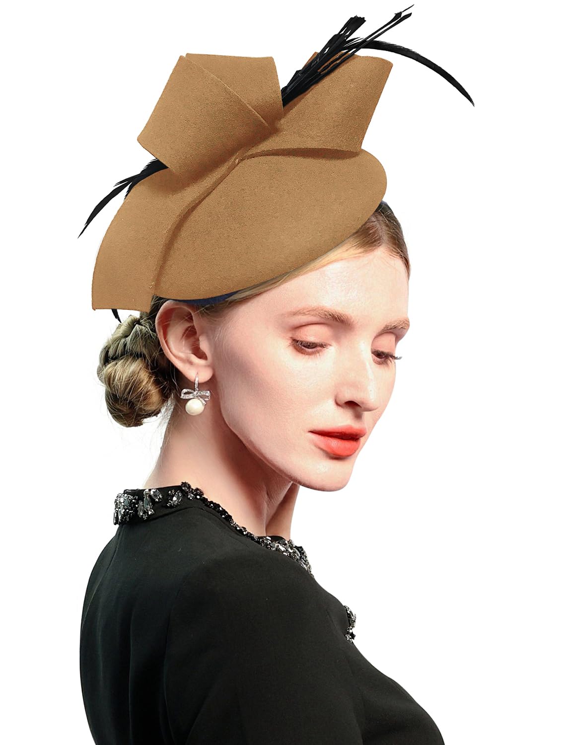 ELLYDOOR Wool Fascinator Pillbox Hat Winter British Wool Felt Hat for Women Wedding Church Hat Flower Fedoras, J-Khaki, One Size
