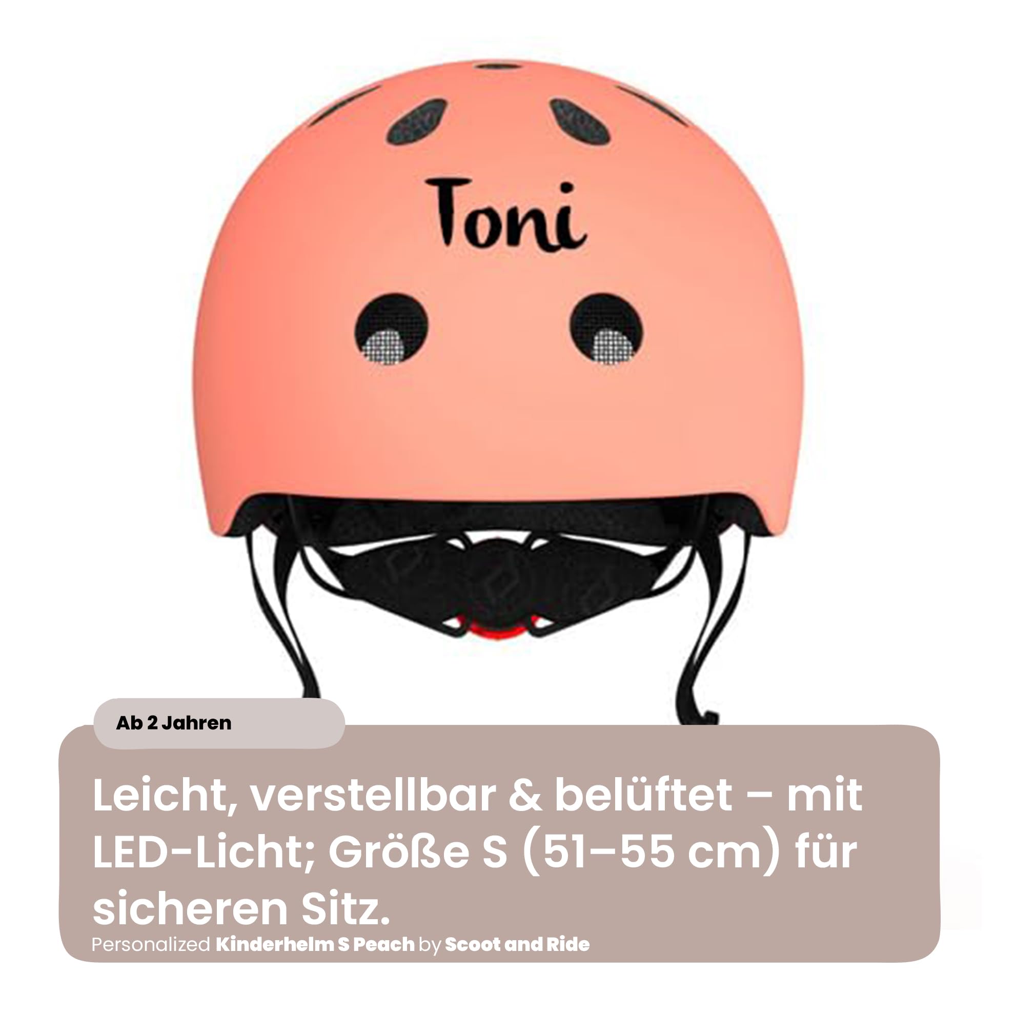 Scoot and Ride Personnalisé Casco Infantil – Ajustable con luz de Seguridad LED – Acabado Mate – para niños – Personalizado con Nombre