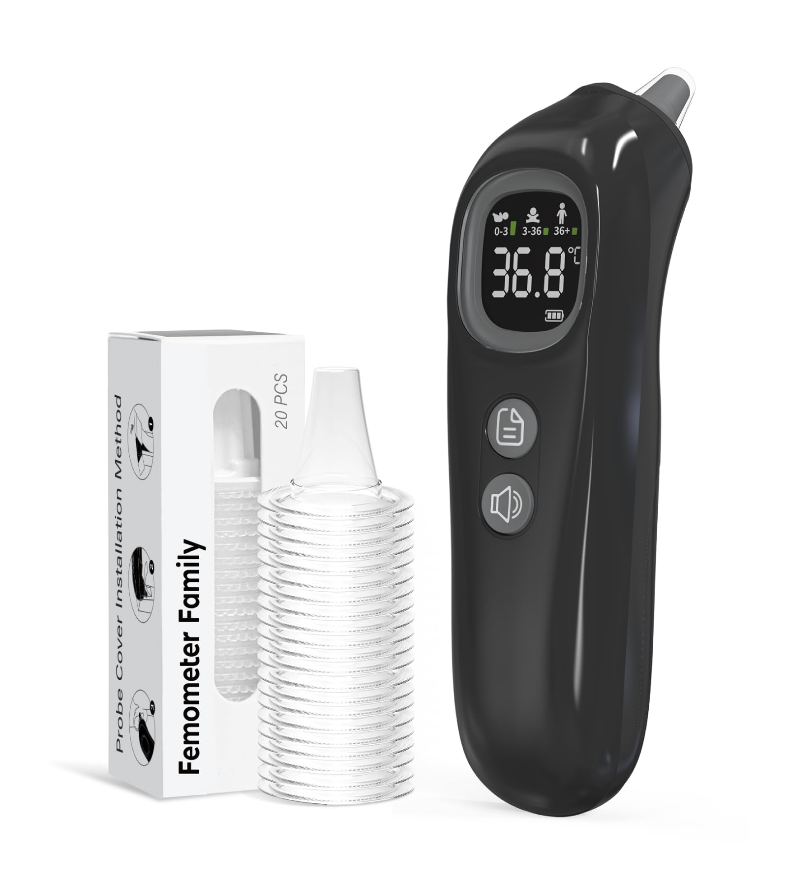 Thermomètre Auriculaire Haute Précision - Mesure en 1 Seconde - Guidage Intelligent par Tranche d'Âge - Mode Silencieux - Thermomètre Numérique pour Enfants et Adultes - 20 Embouts Jetables Inclus