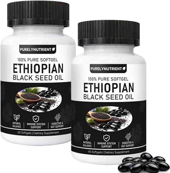 Ethiopian Black Seed Oil Capsules,Purely Nutrient Black Cumin Seed Oil from Nigella Sativa, Non-GMO Black Seed Oil Supplement Organic Cold Pressed, Easy-to-Swallow Softgels for Daily Wellness (2 Pack) - 1