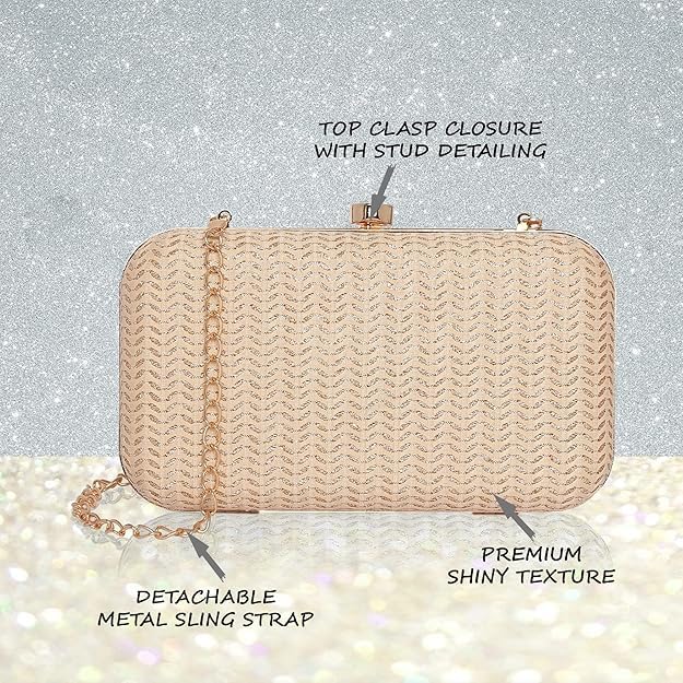 Image of Elegant Gold Evening Clutch for Women - Luxury Textured Hard Case Party Handbag with Detachable Chain Strap - Wedding Bridal Cocktail Purse