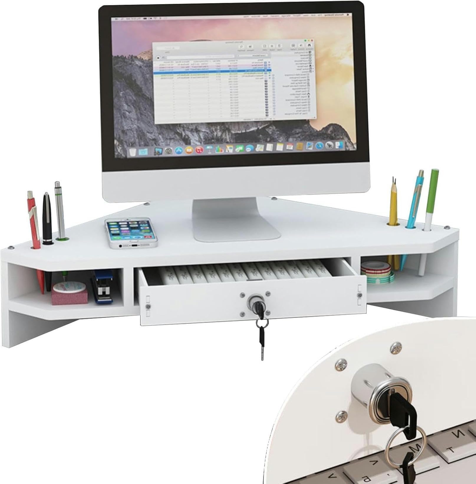 CGJseFH computer stand, White Triangle Monitor Stand with Locking Drawer, Ergonomic Corner Riser, Universal Desktop Organizer Shelf for Study Room/Office
