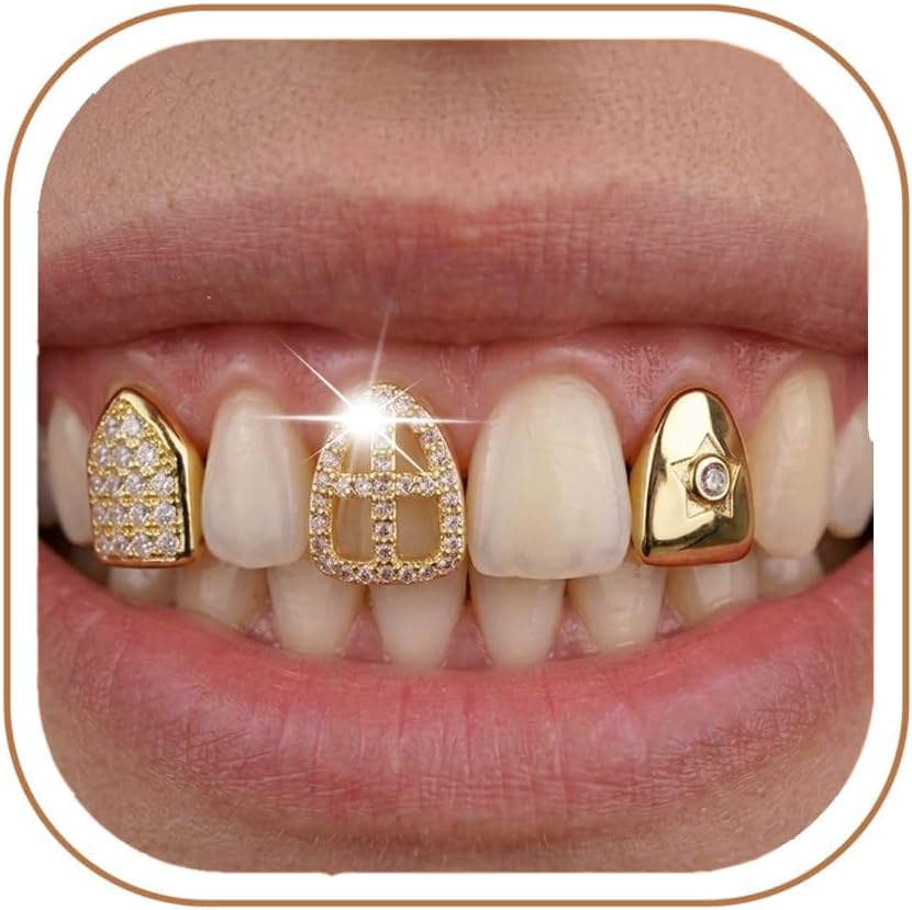 3 piezas Grillz dorados brillantes para dientes miniatura 1