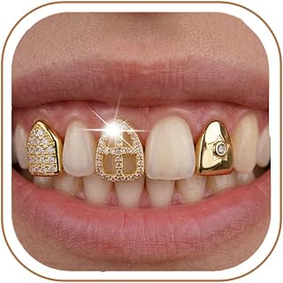 Longita 3pcs Shiny Gold Grills for Your Teeth Grillz for Women Teeth Men Gold Tooth Cap Grillz for Women Golden Mouth Grills Tooth Jewelry Hip Hop Freaknik Outfits Custom Accessory Halloween Party 90s