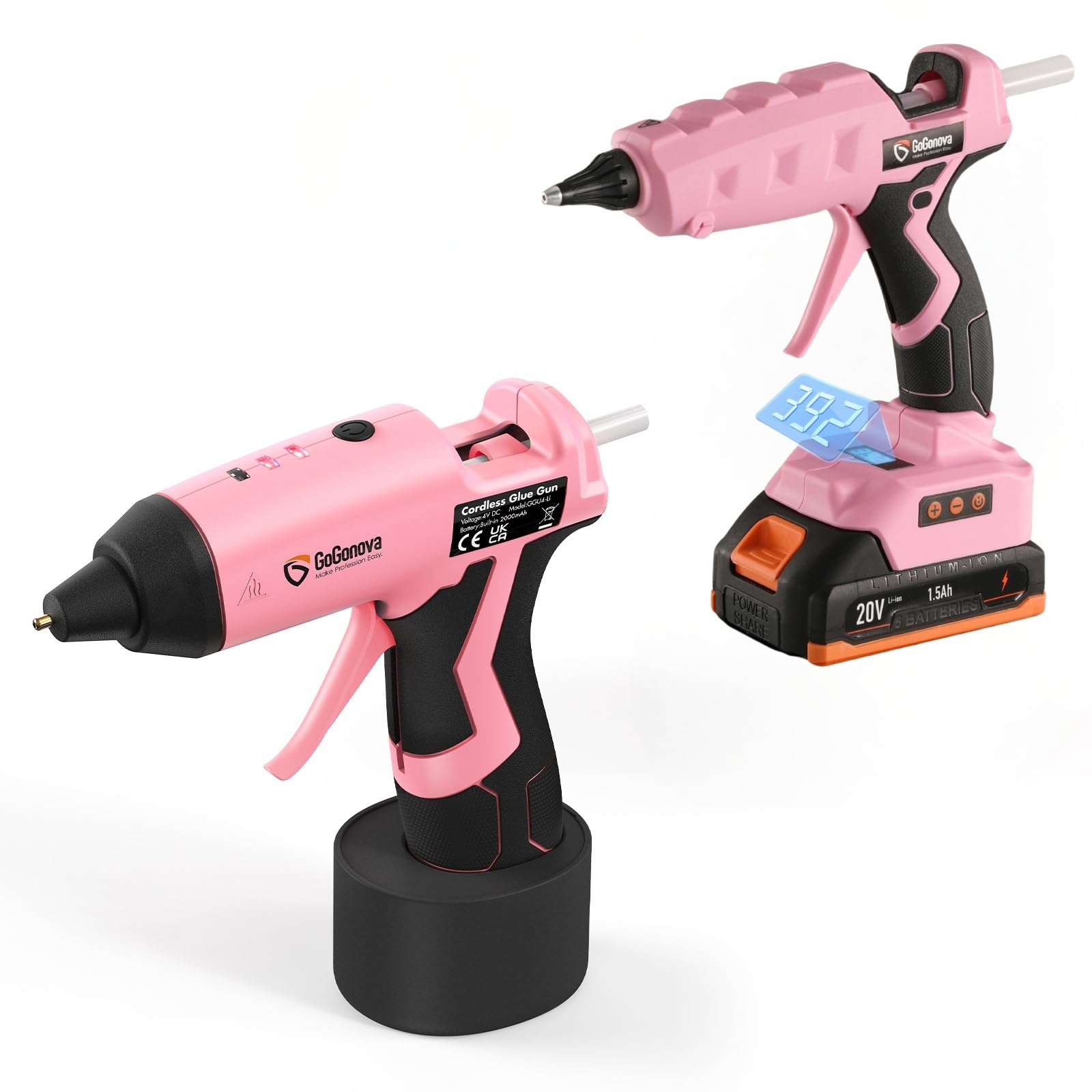 Value 2Pcs Cordless Hot Glue Guns and 37 Pcs Glue Sticks Set, GoGonova 15s Fast Heating 2Ah Glue Gun and Professional Dual Temp 20V Temp Adjust LCD Digital Display Heavy Duty Glue Gun with Charger, Pi