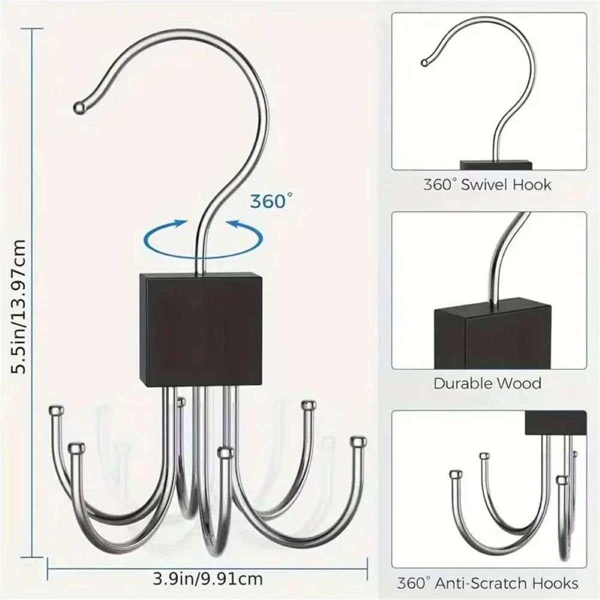 2 Piece Multifunctional Hook, Multi Claw Bag Storage Hook, Tie Multi-Functional Rotating 6-Prong Hook for Scarves, Belts, Home Storage (Black)
