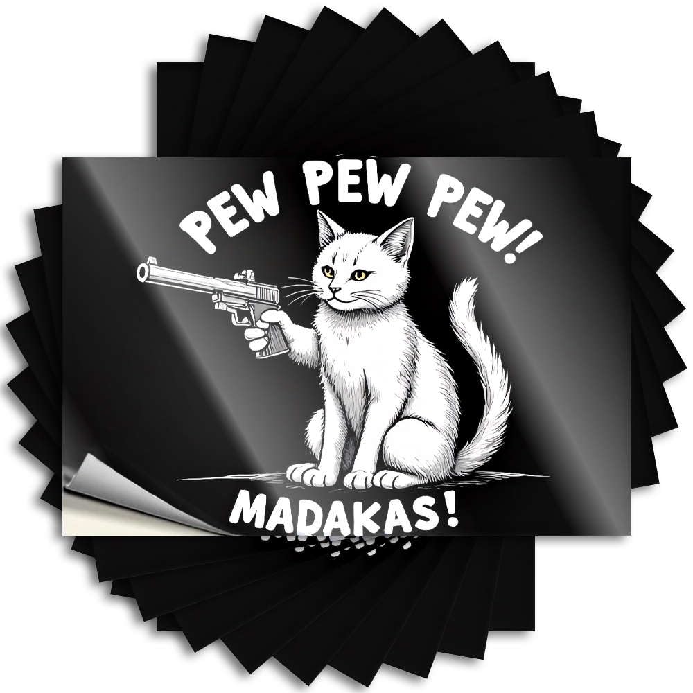 Saying Decorations for Room Peel and Stick - A Cat Holding A Gun with The Text pew Pew Pew! Madakas! Laptop Western Waterproof Vinyl for Student(12X18CM)