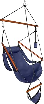 Hammock Hanging Sky Chair, Air Deluxe Swing Seat with Rope Through The Bars Safer Relax with Pillow and Drink Holder Beech Wood Indoor/Outdoor Patio Yard Blue