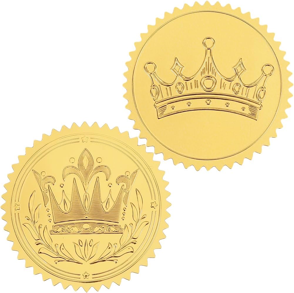 CRASPIRE 2 Styles Crown Certificate Embossed Stickers 200Pcs 2" Vintage Gold Foil Seals Self Adhesive Sticker Decor Labels for Wedding Invitation Awards Office Graduate Envelopes Diplomas Corporation