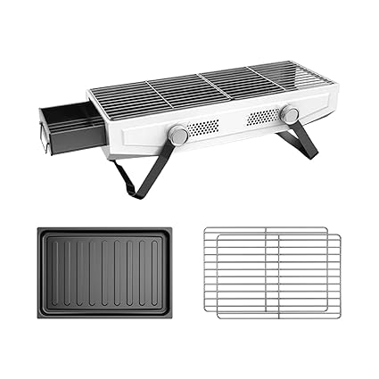 CALANDIS BBQ Grill Charcoal Stainless Steel Folding Grill for Hiking Trekking Camping Silver with Pan