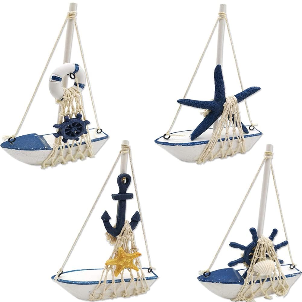 4PCS Mini Sailboat Model Decoration Wooden Miniature Sailing Boat Home Decor Set, Beach Nautical Design, Navy Blue and White, 4.4 x 6.8 Inch