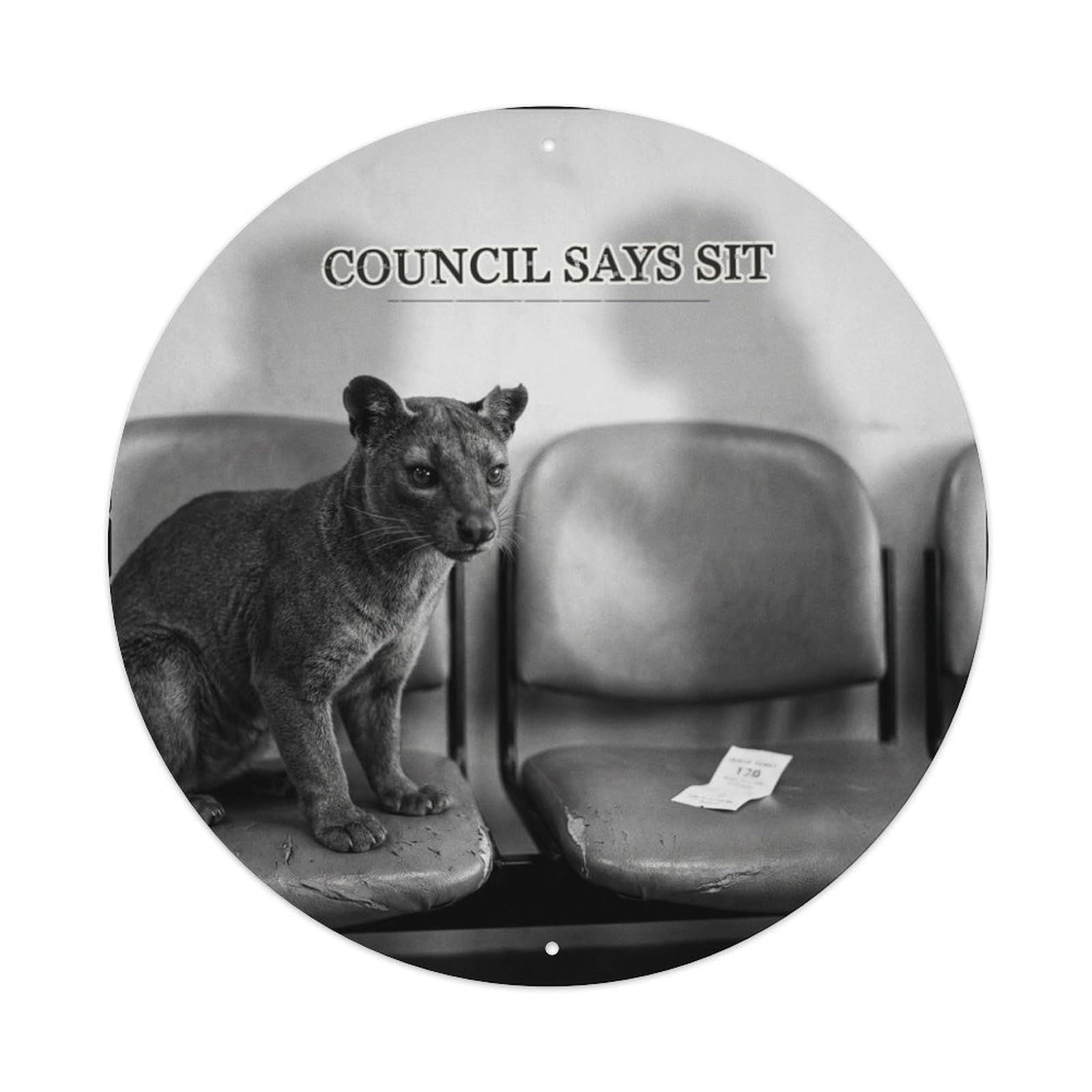 Animal Fossa Municipal British Wildlife Monochrome Satire Metal Tin Sign Plaque Wall Decor for Cafe, Man Cave, Club Bar, Office, Home Garden Round Metal Poster 8x8Inch
