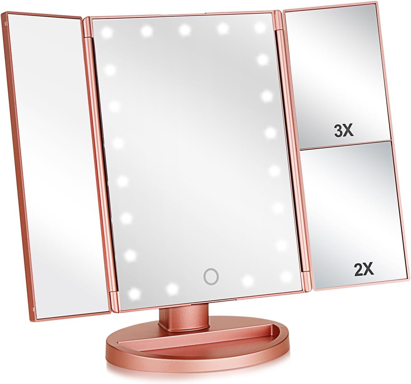 Flymiro Specchio Trucco, Specchio per Il Trucco con Luce 1x / 2X / 3X Trifold ingrandente 21 LED Touch Screen, Regolabile a 180° Specchio cosmetico per Il Trucco per viaggio(Oro Rosa)