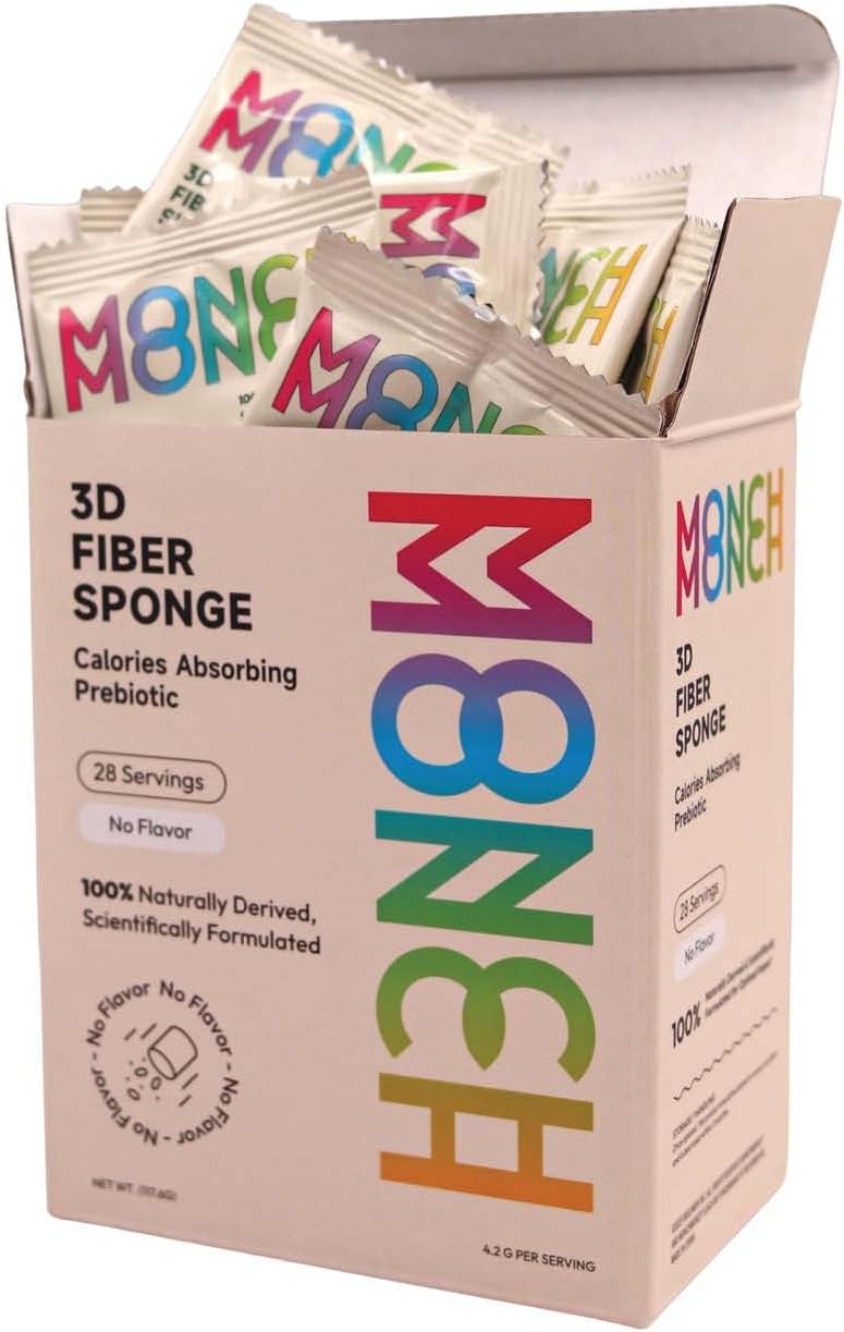 Monch Monch Prebiotic Fiber Powder Unflavored, Calorie Absorbing Soluble Fiber Supplement, Supports Healthy Gut, Digestion, and Blood Sugar, Konjac Gum, Vegan, Sugar-Free, 28 Ct