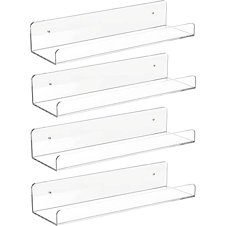 CY craft 4 PCS Clear Acrylic Floating Wall Ledge Shelf 15 Inch Wall Mounted Nursery Kids Bookshelf, Invisible Hanging Shelves for Wall Storage,Toy Picture Ledge Display Shelf Bathroom Storage Shelves