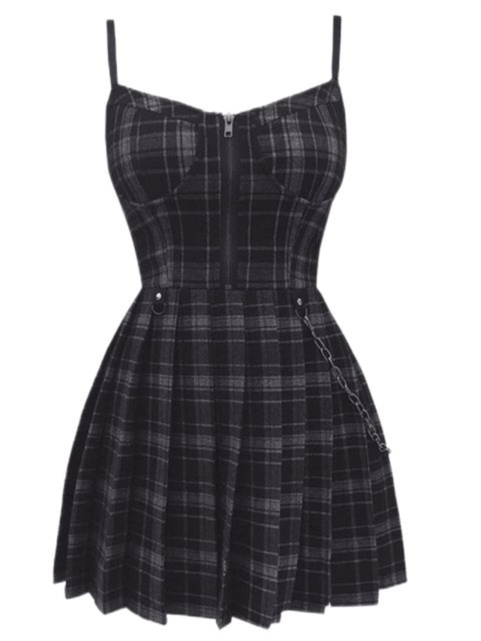 Okgd Girls Black Plaid Gothic Red Plaid Pleated Emo Alt Dress Y2k Zip Up Robe Femme Punk Black Spaghetti Strap Mini Short Jurken Goth Streetwear-,S