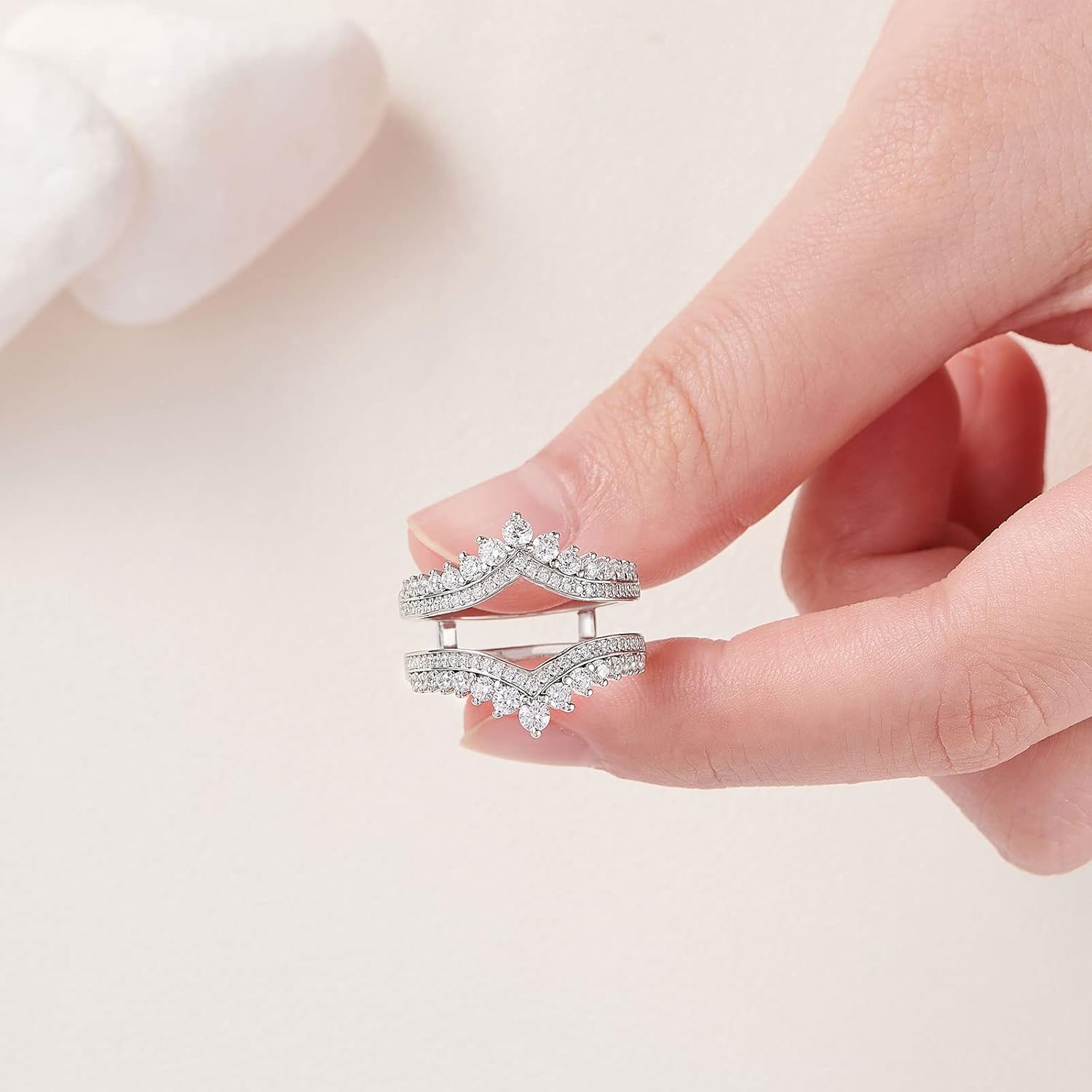 Newshe Jewellery Cubic Zirconia Wedding Bands for Women Crown Double Ring Enhancer for Engagement Rings 925 Sterling Silver Size 5-10 - Image 6