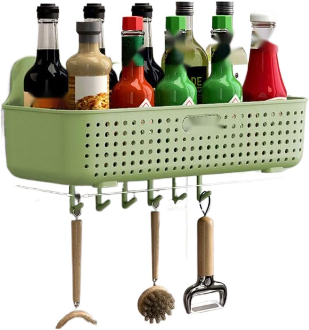 厨房置物架 Under Sink Storage for Kitchen Bathroom Cabinet,壁挂收纳篮墙上免打孔调筐各种神器葱姜蒜挂墙沥水篮-大号绿色