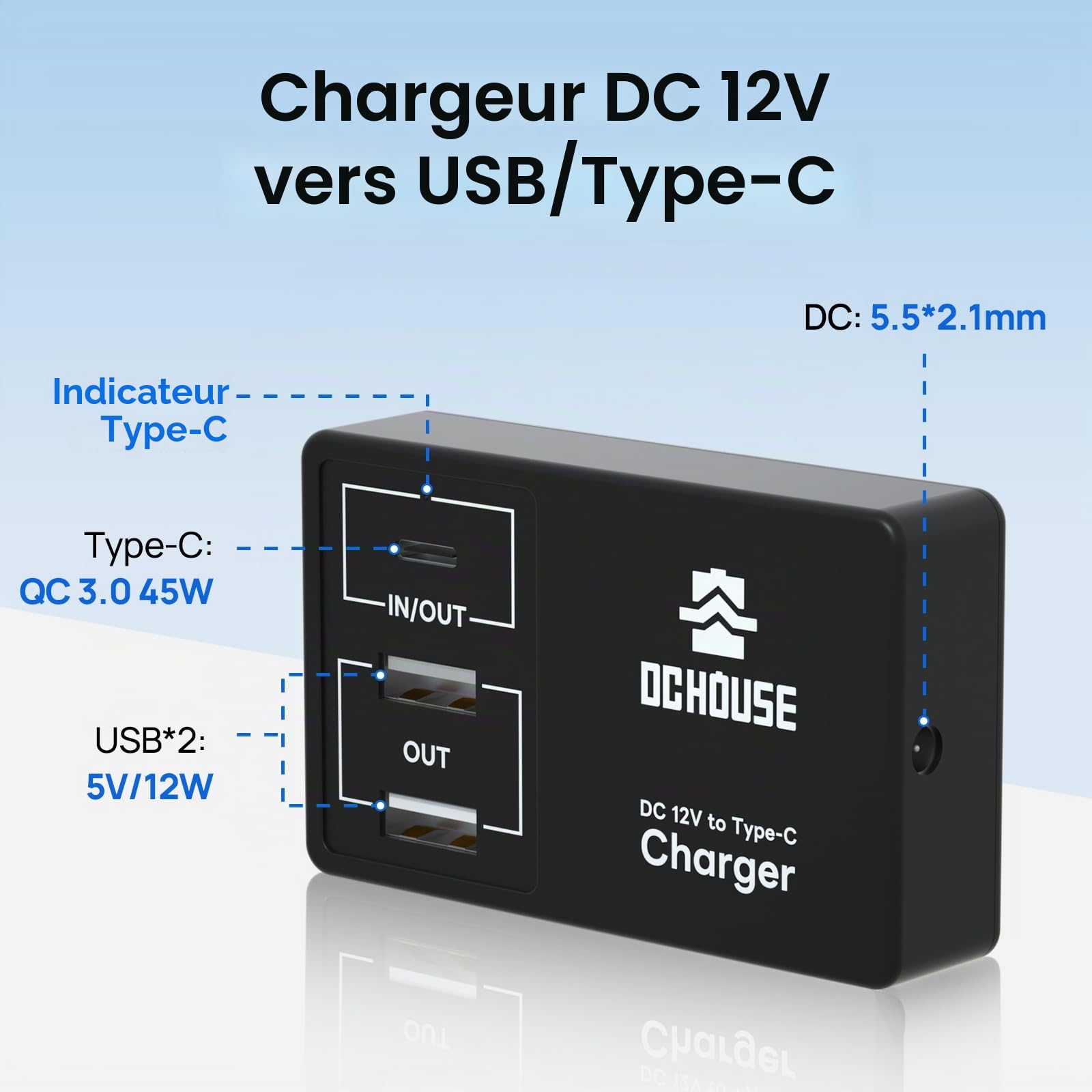 DCHOUSE 12V 6Ah LiFePO4 Batterie avec chargeurs de Batterie 4A, DC 12V vers Type C et USB, convertisseur de Batterie pour Camping-Car, Chariot de Golf, Tondeuse à Gazon, Panneau Solaire, Camping