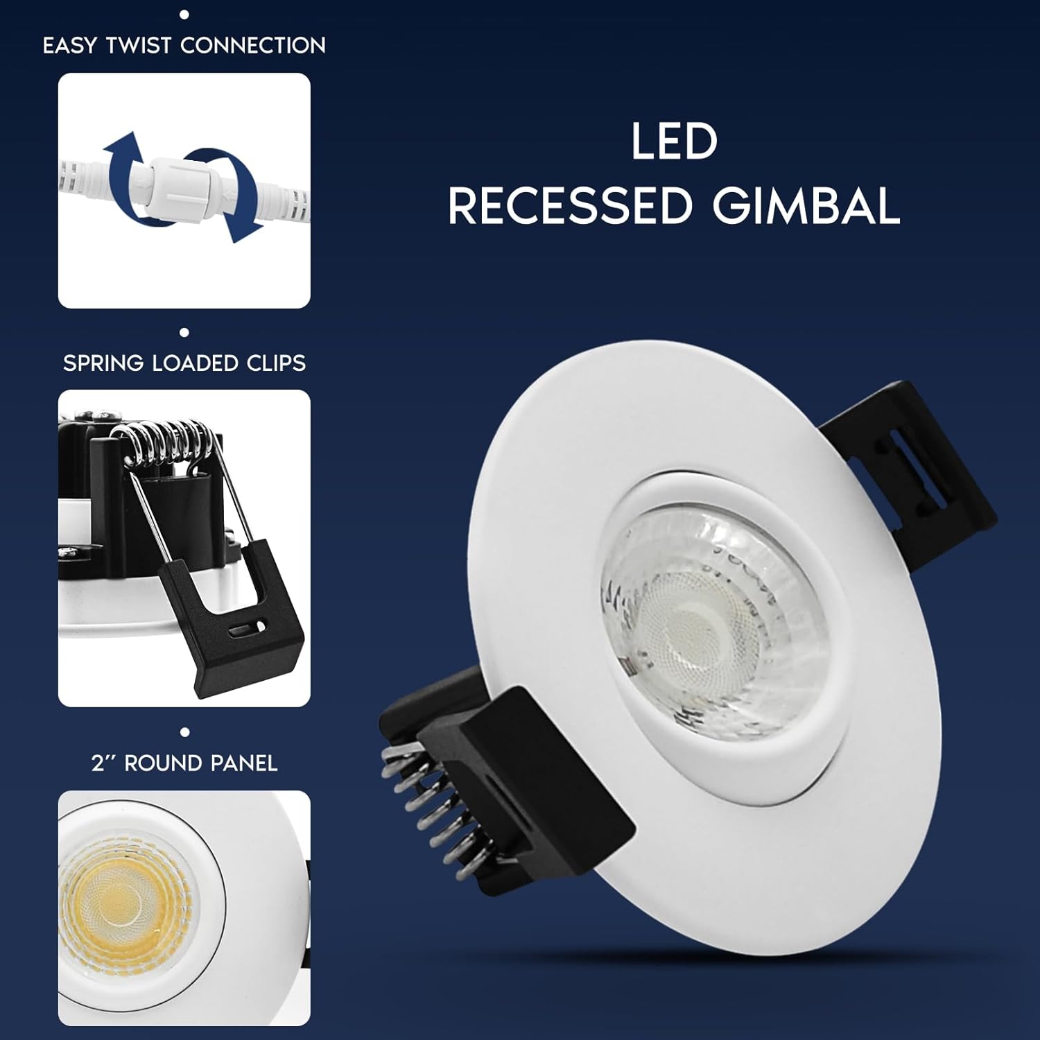LUXRITE 2-Inch Gimbal LED Recessed Lighting, 5 Color Selectable 2700K-5000K, 6 Watts, 400 Lumens, Adjustable 360º + 30º Swivel Spotlight, Dimmable, CRI90, IC & Wet Rated, ETL, White