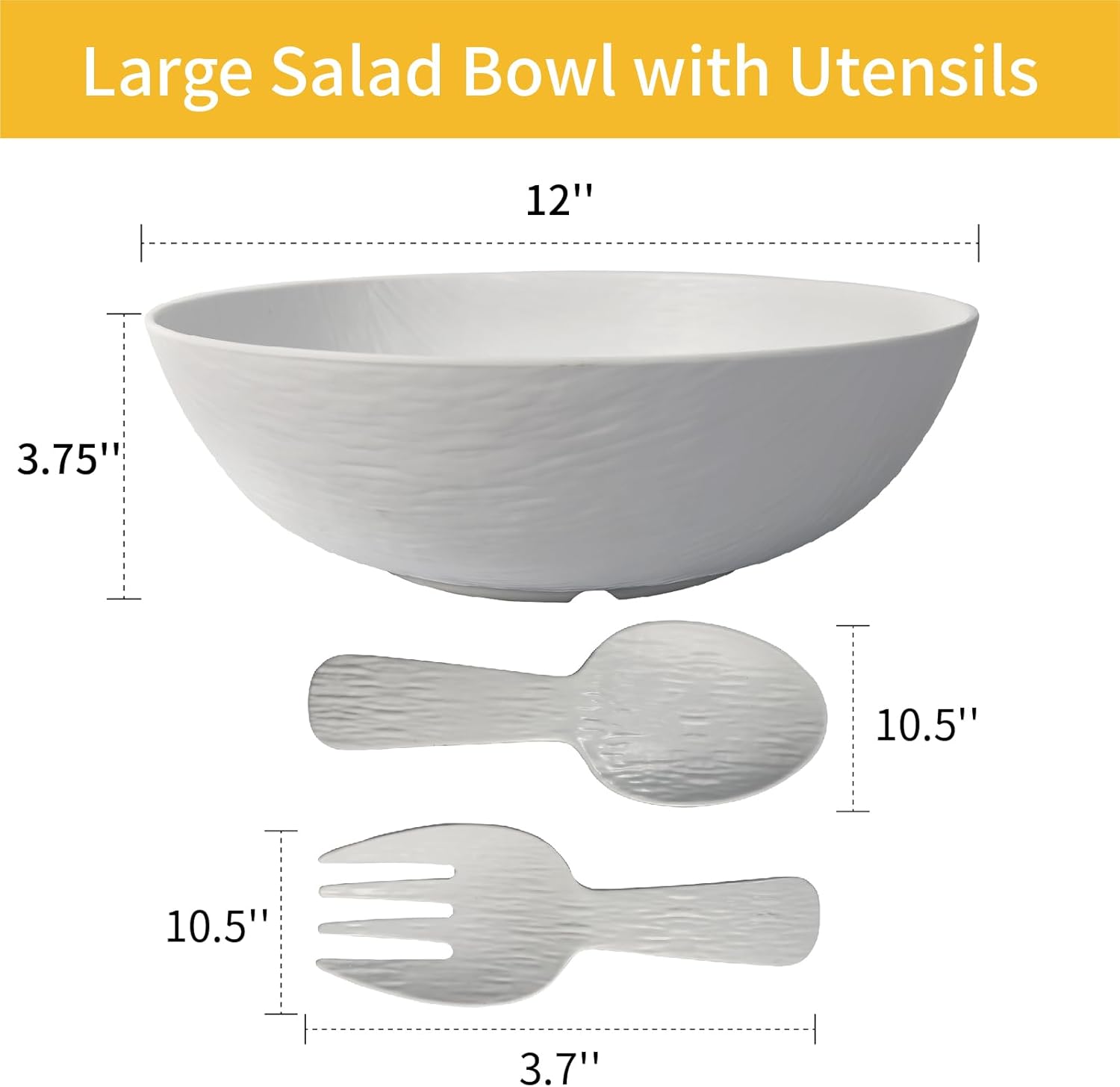 TP Melamine Salad Bowl with Utensils, 12-Inch Large Serving Bowl for Fruits Snacks Pasta, White