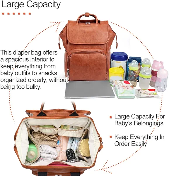 HAHASOLE Leather Diaper Bag Backpack with Changing Mat Travel Backpack Waterproof&Insulated Large Nappy Bag Stroller Straps, Brown B, 13.8x8x18 Inch (Pack of 1), Travel Backpacks